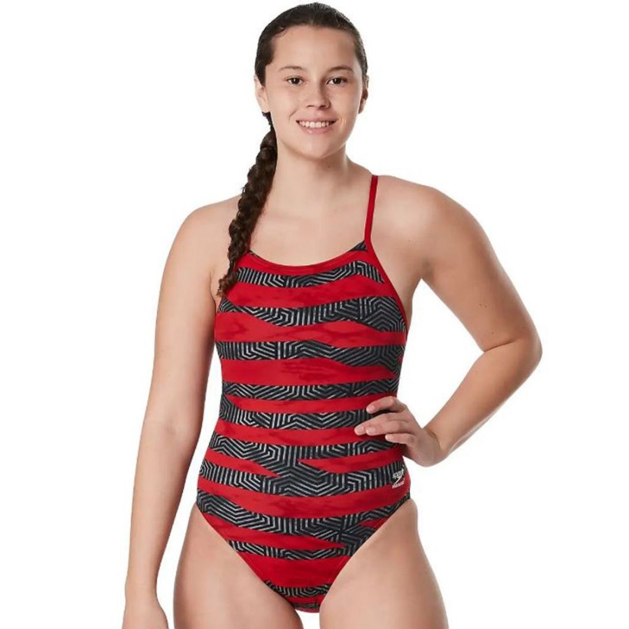 Womens Speedo | Speedo Contort Stripes Crossback-Red